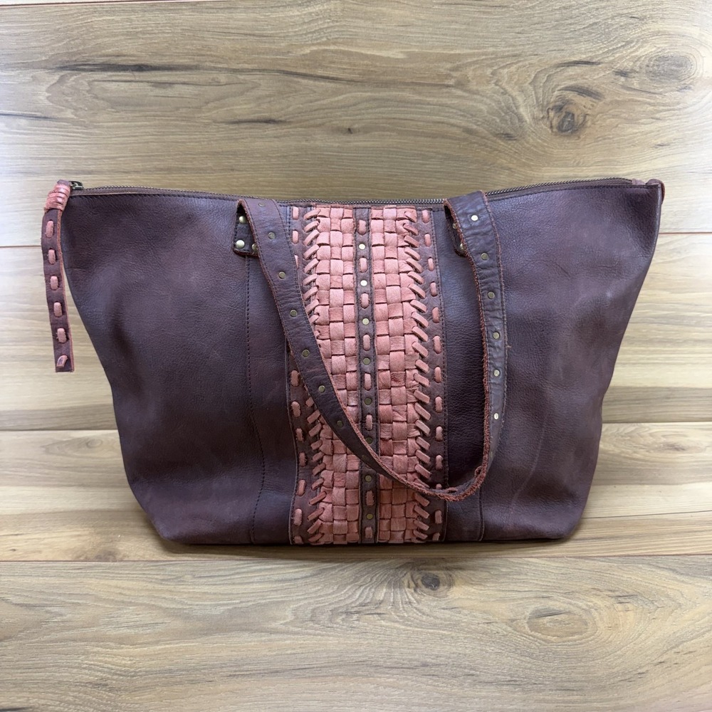 Mo & Co Large Burgundy Brown Leather Zip Top Tote Weave Woven Pink Boho Festival